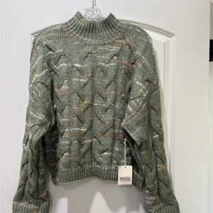 a.n.a Cable-Knit Mock Neck Sweater in Sage with Multicolor Flecks
